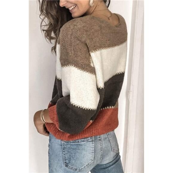 Womens Sweater Pullover Color Block Long Sleeve Knit Crewneck Casual Winter Top - Picture 2 of 6